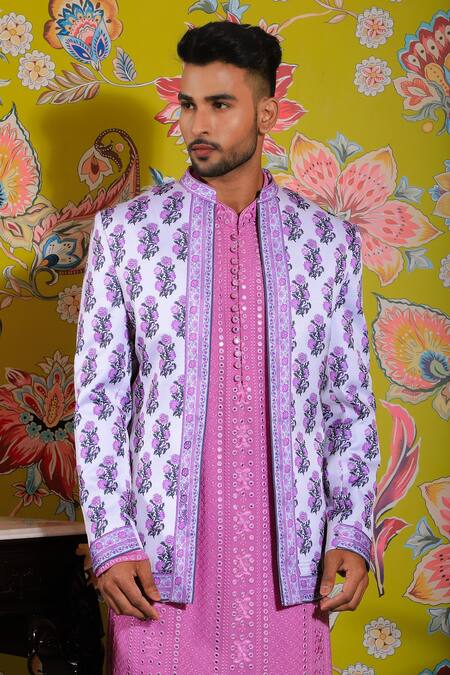 Shop Yajy By Aditya Jain White Silk, Linen, Cotton Embroidery Petunia Garden Print Jacket Kurta Set Online at Aza Fashions Shop_Yajy By Aditya Jain_White Silk, Linen, Cotton Embroidery Petunia Garden Print Jacket Kurta Set _Online_at_Aza_Fashions