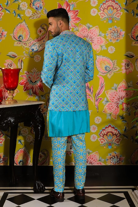 Shop Yajy By Aditya Jain Blue Silk Flora Garden Print Jacket Kurta Set at Aza Fashions Shop_Yajy By Aditya Jain_Blue Silk Flora Garden Print Jacket Kurta Set _at_Aza_Fashions