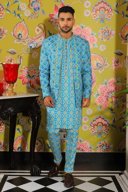 Yajy By Aditya Jain Blue Silk Flora Garden Print Jacket Kurta Set Online at Aza Fashions Yajy By Aditya Jain_Blue Silk Flora Garden Print Jacket Kurta Set _Online_at_Aza_Fashions