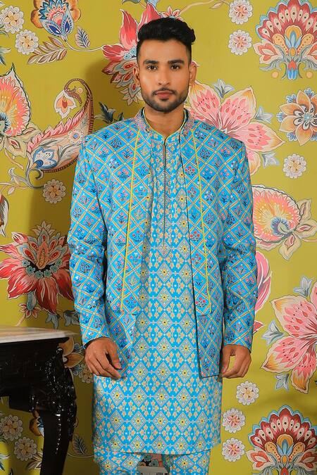 Buy Yajy By Aditya Jain Blue Silk Flora Garden Print Jacket Kurta Set Online at Aza Fashions Buy_Yajy By Aditya Jain_Blue Silk Flora Garden Print Jacket Kurta Set _Online_at_Aza_Fashions