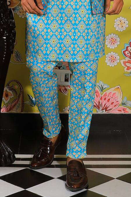 Shop Yajy By Aditya Jain Blue Silk Flora Garden Print Jacket Kurta Set Online at Aza Fashions Shop_Yajy By Aditya Jain_Blue Silk Flora Garden Print Jacket Kurta Set _Online_at_Aza_Fashions