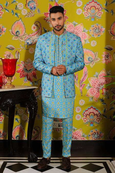 Yajy By Aditya Jain Blue Silk Flora Garden Print Jacket Kurta Set at Aza Fashions Yajy By Aditya Jain_Blue Silk Flora Garden Print Jacket Kurta Set _at_Aza_Fashions