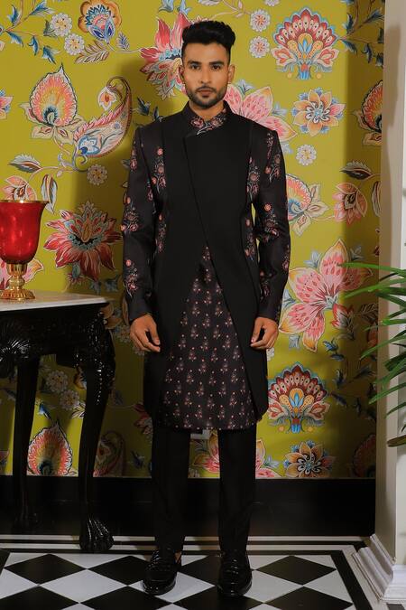 Yajy By Aditya Jain_Black Silk, Cotton Embroidery Rafflesia Bloom Print Jacket Kurta Set _Online_at_Aza_Fashions