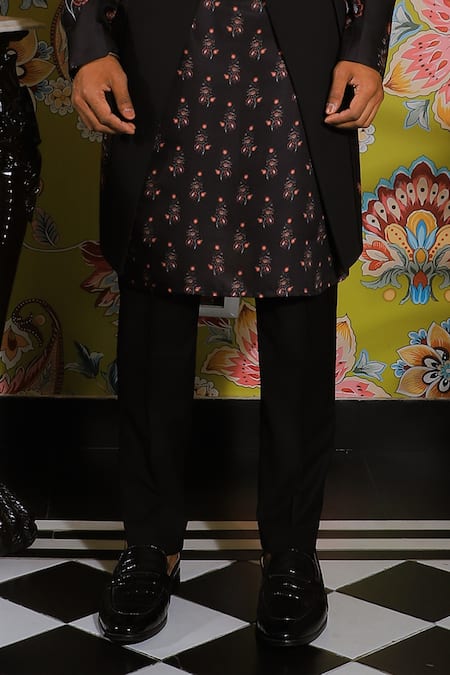 Buy_Yajy By Aditya Jain_Black Silk, Cotton Embroidery Rafflesia Bloom Print Jacket Kurta Set _Online_at_Aza_Fashions