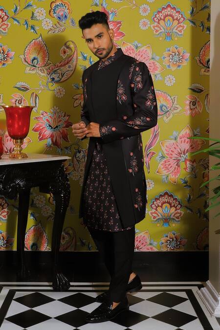 Shop_Yajy By Aditya Jain_Black Silk, Cotton Embroidery Rafflesia Bloom Print Jacket Kurta Set _Online_at_Aza_Fashions