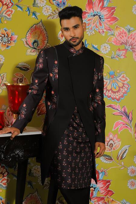 Yajy By Aditya Jain_Black Silk, Cotton Embroidery Rafflesia Bloom Print Jacket Kurta Set _at_Aza_Fashions