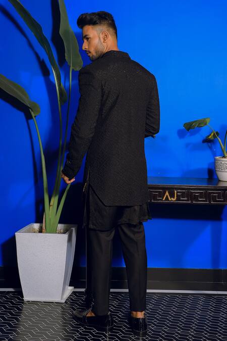 Shop Yajy By Aditya Jain Black Silk, Cotton Embroidery Diamond Bloom Jacket Kurta Set at Aza Fashions Shop_Yajy By Aditya Jain_Black Silk, Cotton Embroidery Diamond Bloom Jacket Kurta Set _at_Aza_Fashions