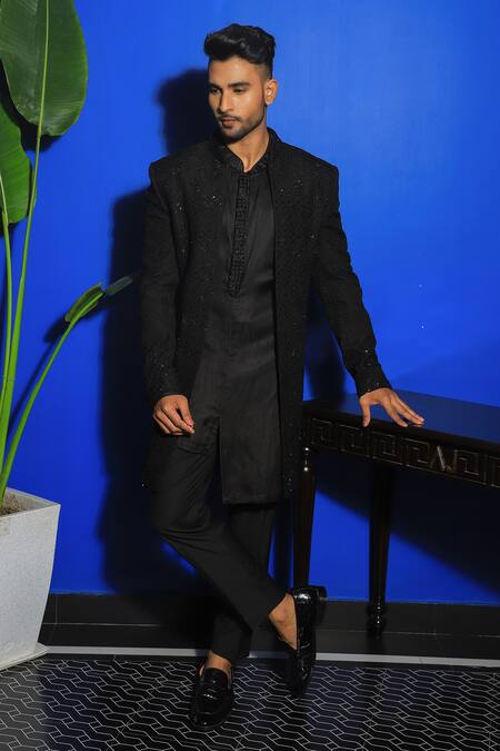 Yajy By Aditya Jain Black Silk, Cotton Embroidery Diamond Bloom Jacket Kurta Set Online at Aza Fashions Yajy By Aditya Jain_Black Silk, Cotton Embroidery Diamond Bloom Jacket Kurta Set _Online_at_Aza_Fashions