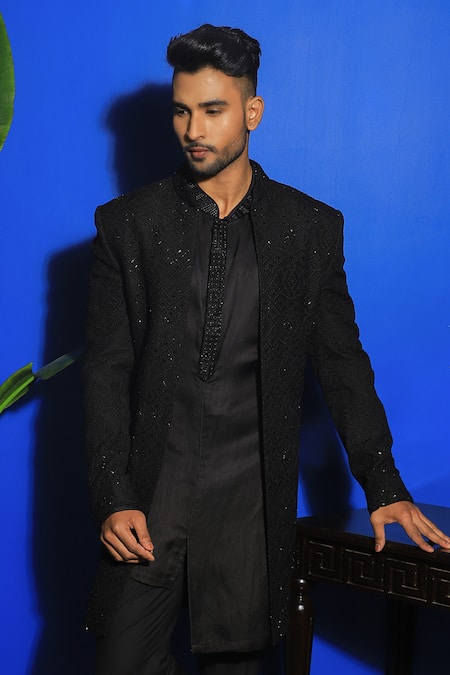 Buy Yajy By Aditya Jain Black Silk, Cotton Embroidery Diamond Bloom Jacket Kurta Set Online at Aza Fashions Buy_Yajy By Aditya Jain_Black Silk, Cotton Embroidery Diamond Bloom Jacket Kurta Set _Online_at_Aza_Fashions