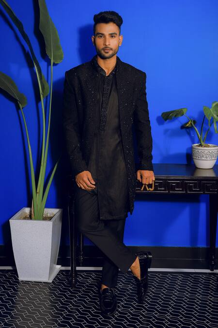 Yajy By Aditya Jain Black Silk, Cotton Embroidery Diamond Bloom Jacket Kurta Set at Aza Fashions Yajy By Aditya Jain_Black Silk, Cotton Embroidery Diamond Bloom Jacket Kurta Set _at_Aza_Fashions