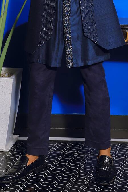 Yajy By Aditya Jain_Blue Silk, Cotton Beads, Embroidery Midnight Bloom Jacket Kurta Set _Online_at_Aza_Fashions