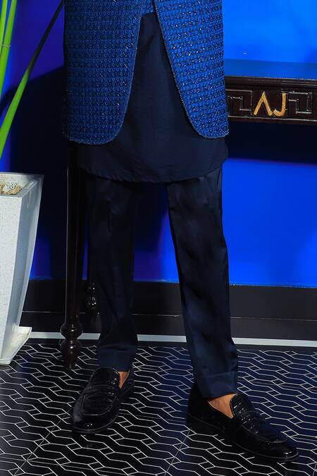 Yajy By Aditya Jain_Blue Silk, Cotton Cut Work, Embroidery Ombre Bandhgala Kurta Set _Online_at_Aza_Fashions