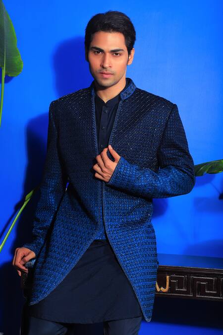 Buy_Yajy By Aditya Jain_Blue Silk, Cotton Cut Work, Embroidery Ombre Bandhgala Kurta Set _Online_at_Aza_Fashions