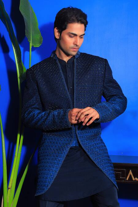 Shop_Yajy By Aditya Jain_Blue Silk, Cotton Cut Work, Embroidery Ombre Bandhgala Kurta Set _Online_at_Aza_Fashions