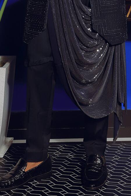 Yajy By Aditya Jain_Blue Silk, Cotton Beads, Sequins Embellished Jacket Kurta Set _Online_at_Aza_Fashions