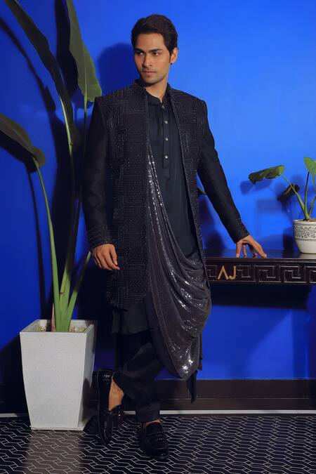 Buy_Yajy By Aditya Jain_Blue Silk, Cotton Beads, Sequins Embellished Jacket Kurta Set _Online_at_Aza_Fashions