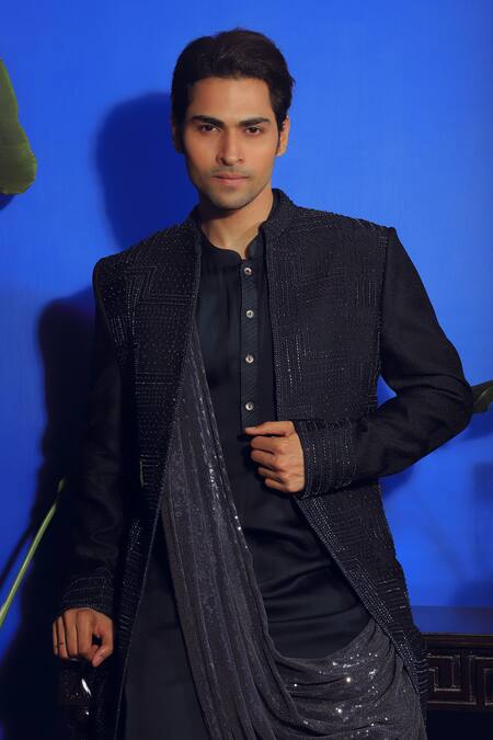 Shop_Yajy By Aditya Jain_Blue Silk, Cotton Beads, Sequins Embellished Jacket Kurta Set _Online_at_Aza_Fashions