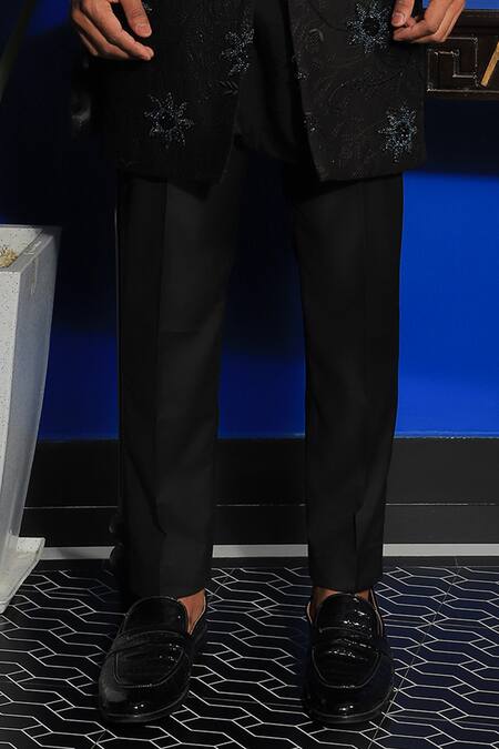 Yajy By Aditya Jain_Black Silk, Cotton Cut Work Buttercup Flora Embroidered Bandhgala Kurta Set _Online_at_Aza_Fashions