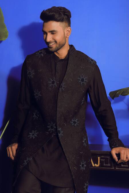 Buy_Yajy By Aditya Jain_Black Silk, Cotton Cut Work Buttercup Flora Embroidered Bandhgala Kurta Set _Online_at_Aza_Fashions