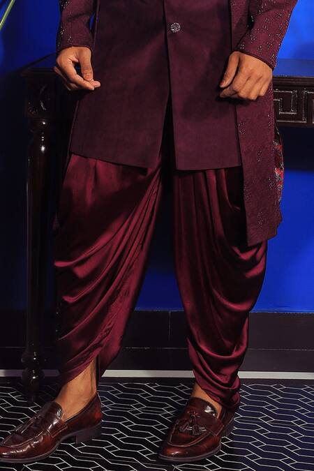 Yajy By Aditya Jain_Purple Silk, Satin, Suede Embroidery Layered Sherwani With Cowl Pant _Online_at_Aza_Fashions