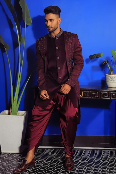 Buy_Yajy By Aditya Jain_Purple Silk, Satin, Suede Embroidery Layered Sherwani With Cowl Pant _Online_at_Aza_Fashions