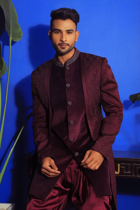 Shop_Yajy By Aditya Jain_Purple Silk, Satin, Suede Embroidery Layered Sherwani With Cowl Pant _Online_at_Aza_Fashions
