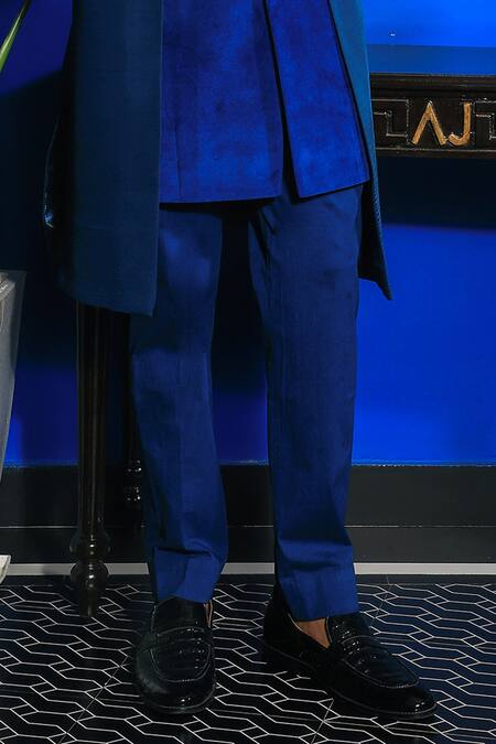 Yajy By Aditya Jain_Blue Silk, Satin, Suede Geometric Nalki Layered Sherwani With Trouser _Online_at_Aza_Fashions