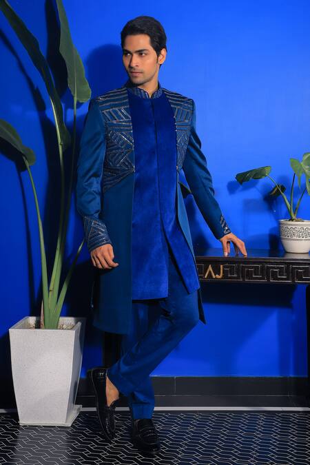 Buy_Yajy By Aditya Jain_Blue Silk, Satin, Suede Geometric Nalki Layered Sherwani With Trouser _Online_at_Aza_Fashions