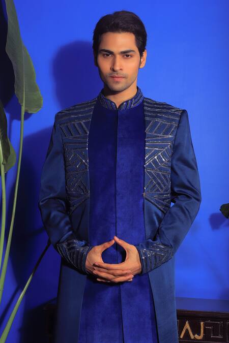 Shop_Yajy By Aditya Jain_Blue Silk, Satin, Suede Geometric Nalki Layered Sherwani With Trouser _Online_at_Aza_Fashions