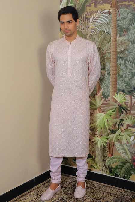 Shop Yajy By Aditya Jain Pink Silk, Cotton Embroidery Mughal Flora Kurta Set at Aza Fashions Shop_Yajy By Aditya Jain_Pink Silk, Cotton Embroidery Mughal Flora Kurta Set _at_Aza_Fashions