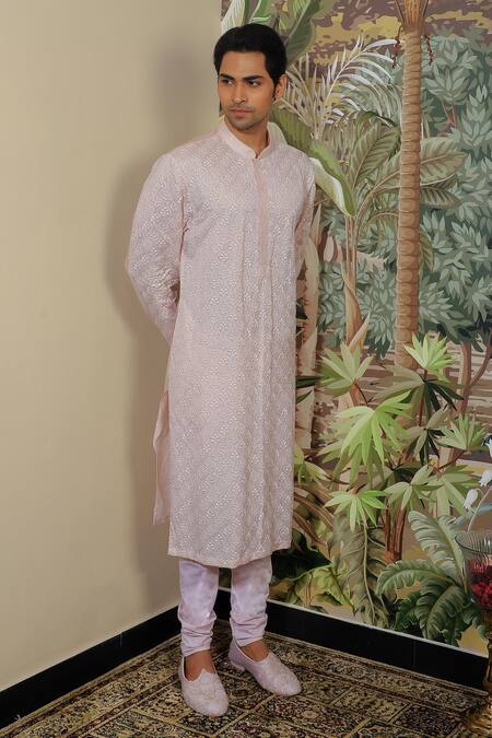 Shop Yajy By Aditya Jain Pink Silk, Cotton Embroidery Mughal Flora Kurta Set Online at Aza Fashions Shop_Yajy By Aditya Jain_Pink Silk, Cotton Embroidery Mughal Flora Kurta Set _Online_at_Aza_Fashions