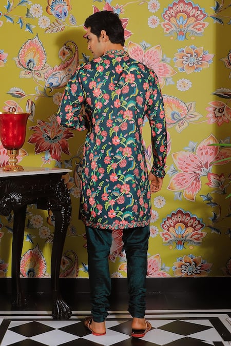 Shop Yajy By Aditya Jain Green Silk, Cotton Blossom Print Kurta Set at Aza Fashions Shop_Yajy By Aditya Jain_Green Silk, Cotton Blossom Print Kurta Set _at_Aza_Fashions