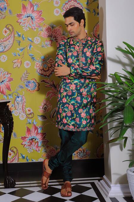 Yajy By Aditya Jain Green Silk, Cotton Blossom Print Kurta Set Online at Aza Fashions Yajy By Aditya Jain_Green Silk, Cotton Blossom Print Kurta Set _Online_at_Aza_Fashions
