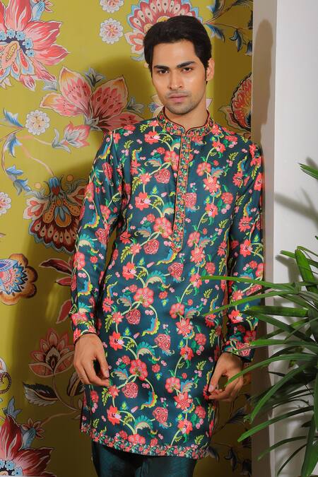 Buy Yajy By Aditya Jain Green Silk, Cotton Blossom Print Kurta Set Online at Aza Fashions Buy_Yajy By Aditya Jain_Green Silk, Cotton Blossom Print Kurta Set _Online_at_Aza_Fashions
