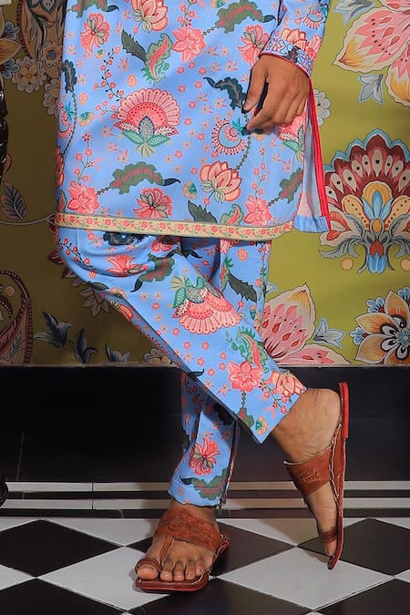 Buy_Yajy By Aditya Jain_Blue Silk Lotus Pond Print Kurta Set _Online_at_Aza_Fashions