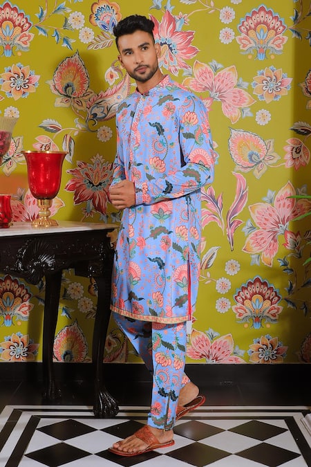 Shop_Yajy By Aditya Jain_Blue Silk Lotus Pond Print Kurta Set _Online_at_Aza_Fashions