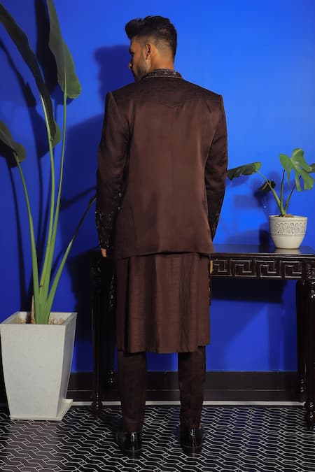 Shop Yajy By Aditya Jain Brown Silk, Brocade, Cotton Beads, Embroidery Floral Jacket Kurta Set at Aza Fashions Shop_Yajy By Aditya Jain_Brown Silk, Brocade, Cotton Beads, Embroidery Floral Jacket Kurta Set _at_Aza_Fashions