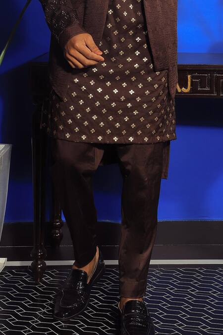 Yajy By Aditya Jain Brown Silk, Brocade, Cotton Beads, Embroidery Floral Jacket Kurta Set Online at Aza Fashions Yajy By Aditya Jain_Brown Silk, Brocade, Cotton Beads, Embroidery Floral Jacket Kurta Set _Online_at_Aza_Fashions