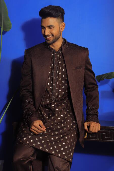 Buy Yajy By Aditya Jain Brown Silk, Brocade, Cotton Beads, Embroidery Floral Jacket Kurta Set Online at Aza Fashions Buy_Yajy By Aditya Jain_Brown Silk, Brocade, Cotton Beads, Embroidery Floral Jacket Kurta Set _Online_at_Aza_Fashions