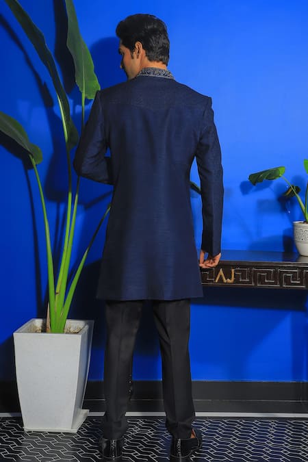 Shop Yajy By Aditya Jain Blue Silk, Cotton Embroidery Tulip Bloom Bandhgala With Trouser at Aza Fashions Shop_Yajy By Aditya Jain_Blue Silk, Cotton Embroidery Tulip Bloom Bandhgala With Trouser _at_Aza_Fashions