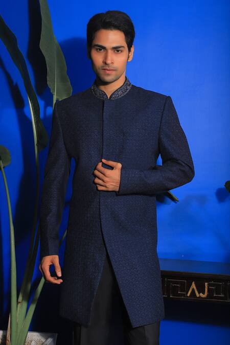 Buy Yajy By Aditya Jain Blue Silk, Cotton Embroidery Tulip Bloom Bandhgala With Trouser Online at Aza Fashions Buy_Yajy By Aditya Jain_Blue Silk, Cotton Embroidery Tulip Bloom Bandhgala With Trouser _Online_at_Aza_Fashions