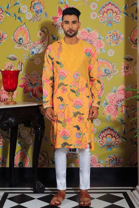 Yajy By Aditya Jain Yellow Silk, Cotton Embroidery Padma Bloom Print Kurta With Trouser Online at Aza Fashions Yajy By Aditya Jain_Yellow Silk, Cotton Embroidery Padma Bloom Print Kurta With Trouser _Online_at_Aza_Fashions