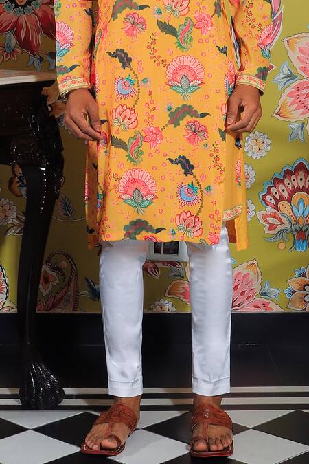 Buy Yajy By Aditya Jain Yellow Silk, Cotton Embroidery Padma Bloom Print Kurta With Trouser Online at Aza Fashions Buy_Yajy By Aditya Jain_Yellow Silk, Cotton Embroidery Padma Bloom Print Kurta With Trouser _Online_at_Aza_Fashions