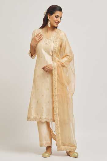 Buy_Surbhi Shah_Beige Silk, Organza Embroidery, Pearls Scoop Neck Floral Hand Kurta Set _Online_at_Aza_Fashions