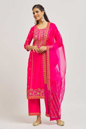Buy Surbhi Shah Red Silk, Organza Embroidery Round Neck Hand Kurta Pant Set Online at Aza Fashions Buy_Surbhi Shah_Red Silk, Organza Embroidery Round Neck Hand Kurta Pant Set _Online_at_Aza_Fashions