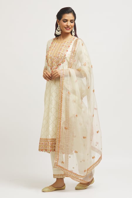 Surbhi Shah Off White Silk, Organza Sequins, Embroidery Round Neck Hand Kurta Pant Set Online at Aza Fashions Surbhi Shah_Off White Silk, Organza Sequins, Embroidery Round Neck Hand Kurta Pant Set _Online_at_Aza_Fashions