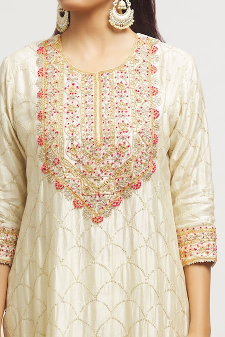 Buy Surbhi Shah Off White Silk, Organza Sequins, Embroidery Round Neck Hand Kurta Pant Set Online at Aza Fashions Buy_Surbhi Shah_Off White Silk, Organza Sequins, Embroidery Round Neck Hand Kurta Pant Set _Online_at_Aza_Fashions