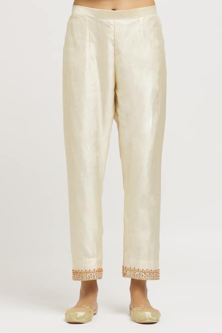 Shop Surbhi Shah Off White Silk, Organza Sequins, Embroidery Round Neck Hand Kurta Pant Set Online at Aza Fashions Shop_Surbhi Shah_Off White Silk, Organza Sequins, Embroidery Round Neck Hand Kurta Pant Set _Online_at_Aza_Fashions