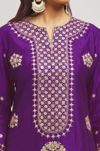 Shop_Surbhi Shah_Purple Silk, Organza Embroidery Split V-neck Danka Hand Kurta Pant Set _Online_at_Aza_Fashions