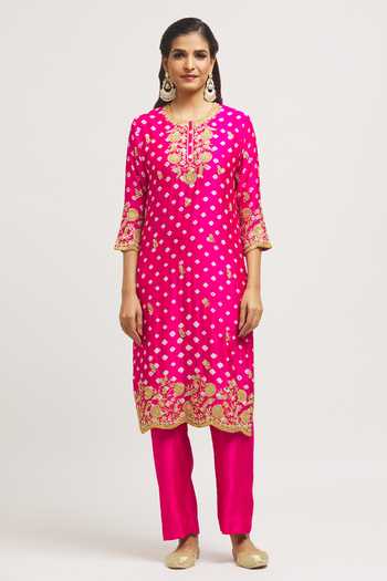 Surbhi Shah_Pink Silk, Organza Pearls, Embroidery Round Neck Hand Kurta Pant Set _Online_at_Aza_Fashions